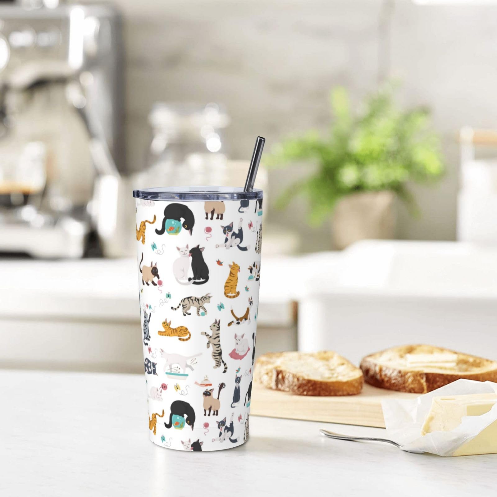 Vaso de gato con tapa y popote, botella de agua aislada de acero inoxidable de 20 onzas, taza de café de viaje, consejos de un gato regalo para mujeres