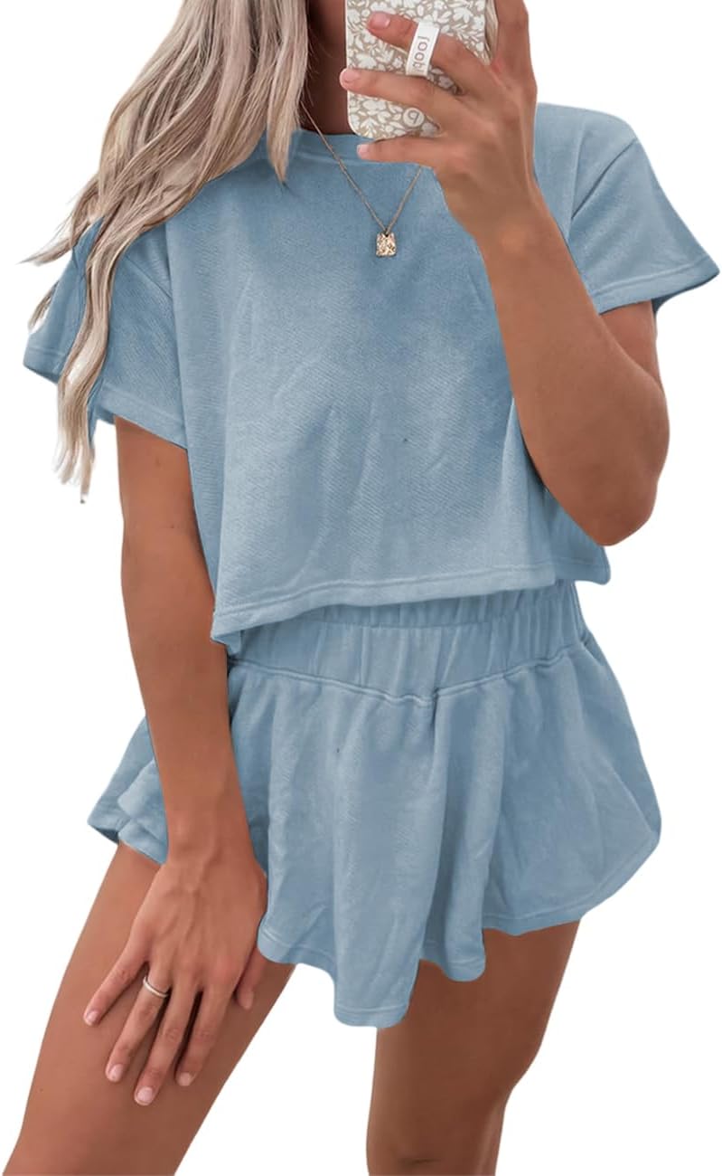 Ecosunny Women's Summer 2 Piece Sets Sweatsuits Casual Cropped Tee and Skort Set Matching Sets Trendy Lounge Outfits