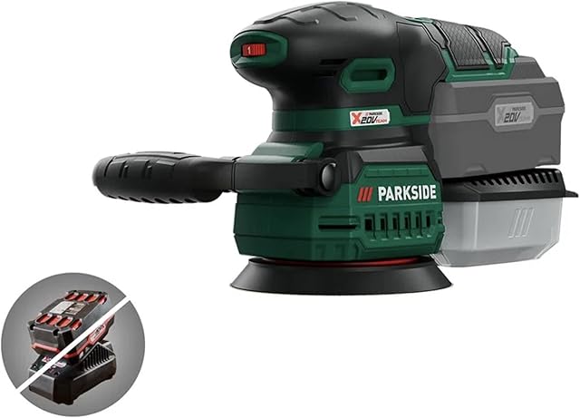 Kompernass Parkside Parkside Cordless 20V Orbital Sander Compact Grinder with Comfortable Guidance Ergonomic Handles with Grip Equipment Sanding pad: Approx. Ø 125 mm Speed: 3000-12000 RPM Unit ONLY