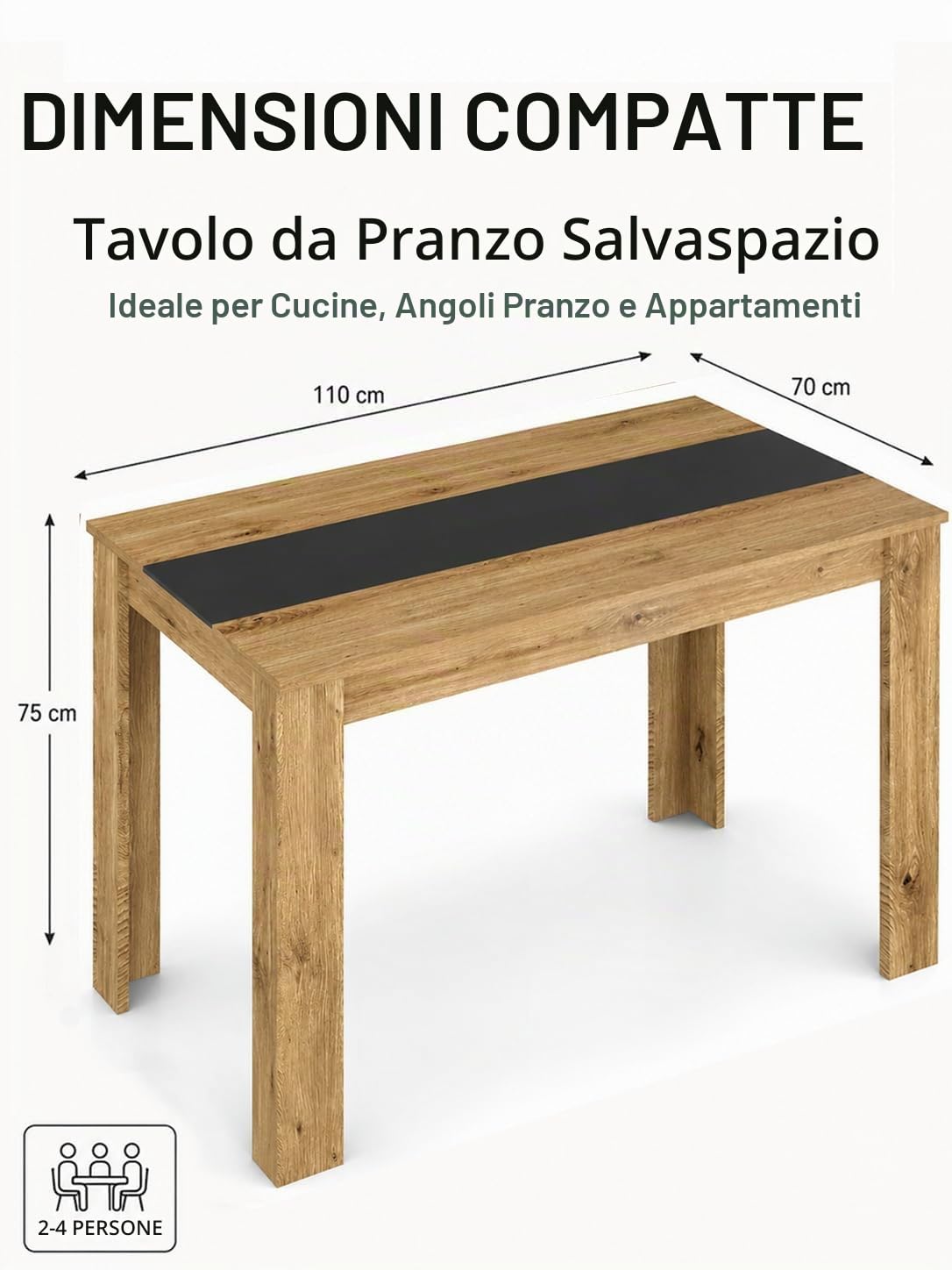 Tavolo da Pranzo Rovere Rettangolare Tavolo Cucina 110×70×75cm | Fascia centrale nera e gambe a forma di L con bordo spesso per uno stile industriale e una struttura stabile ogni giorno