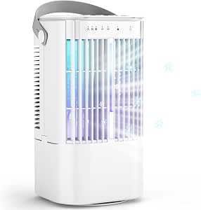 Aire Acondicionado Portátil, Mini Enfriador de Aire USB 4 en 1 con Tanque 900ml,3 Velocidades,Luz Nocturna de 7 Colores, Temporizador,Ventilador de Mesa,Mini Aire Acondicionado para Oficina,Habitación