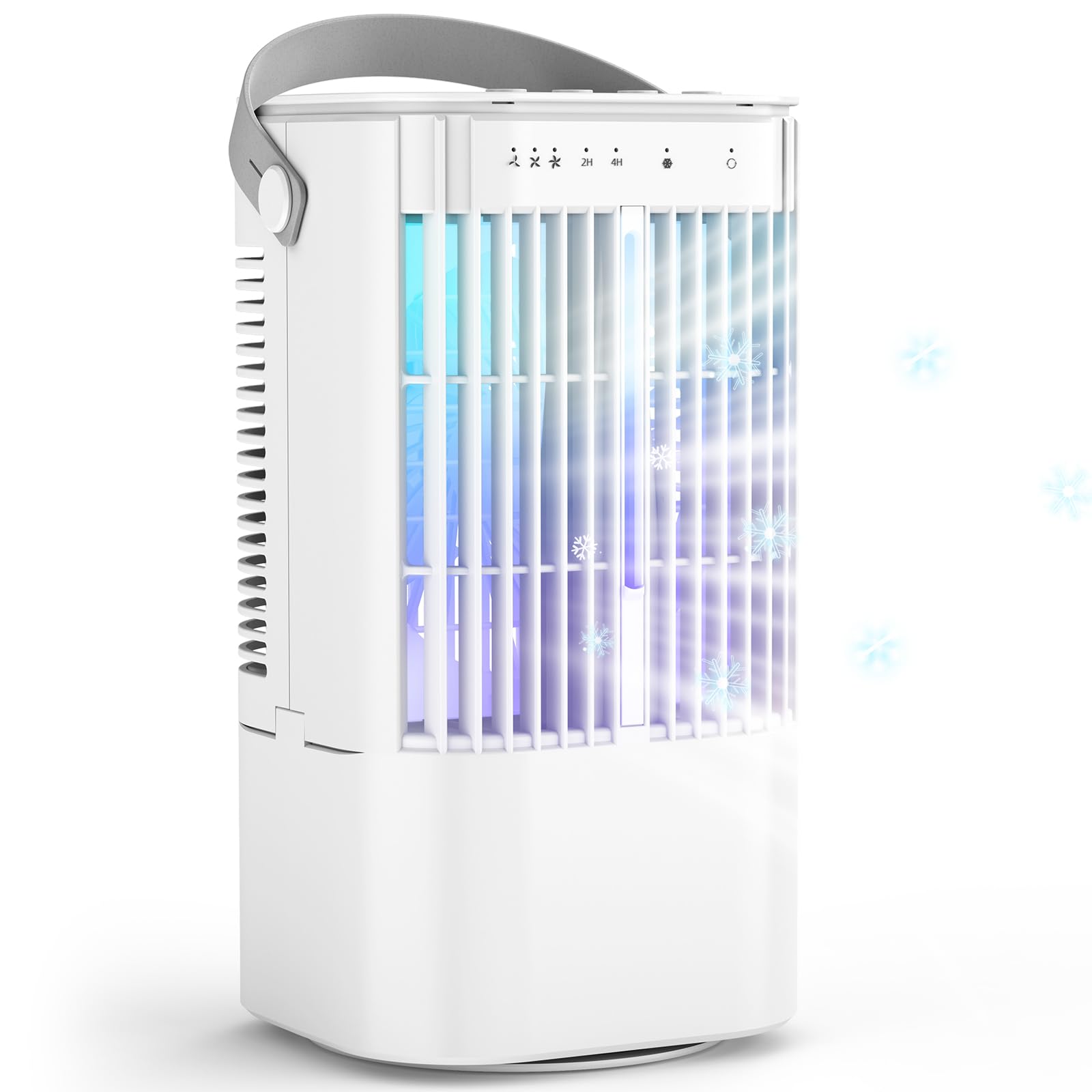 Climatiseur Portable, 4-En-1 Refroidisseur par éVaporation avec 3 Vitesses & 2 Modes Brumisation, 900 Ml Mini Climatiseur, Ventilateur USB avec LumièRe Rgb & 2/4h Minuterie pour Chambre Bureau Camping