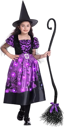 kohr Disfraz de bruja de Halloween, vestido de bruja iluminado con escoba y sombrero, disfraces de bruja para niñas, fiesta de cosplay