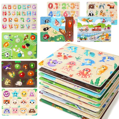GRINNNIE 9 Pack Montessori Toddler Puzzle for 3 4 5 Years Old, Wooden Learning Puzzle for Toddlers 3-5, Animal, Alphabet, Number, Shape Peg Puzzles Set, Great Birthday for Boys Girls