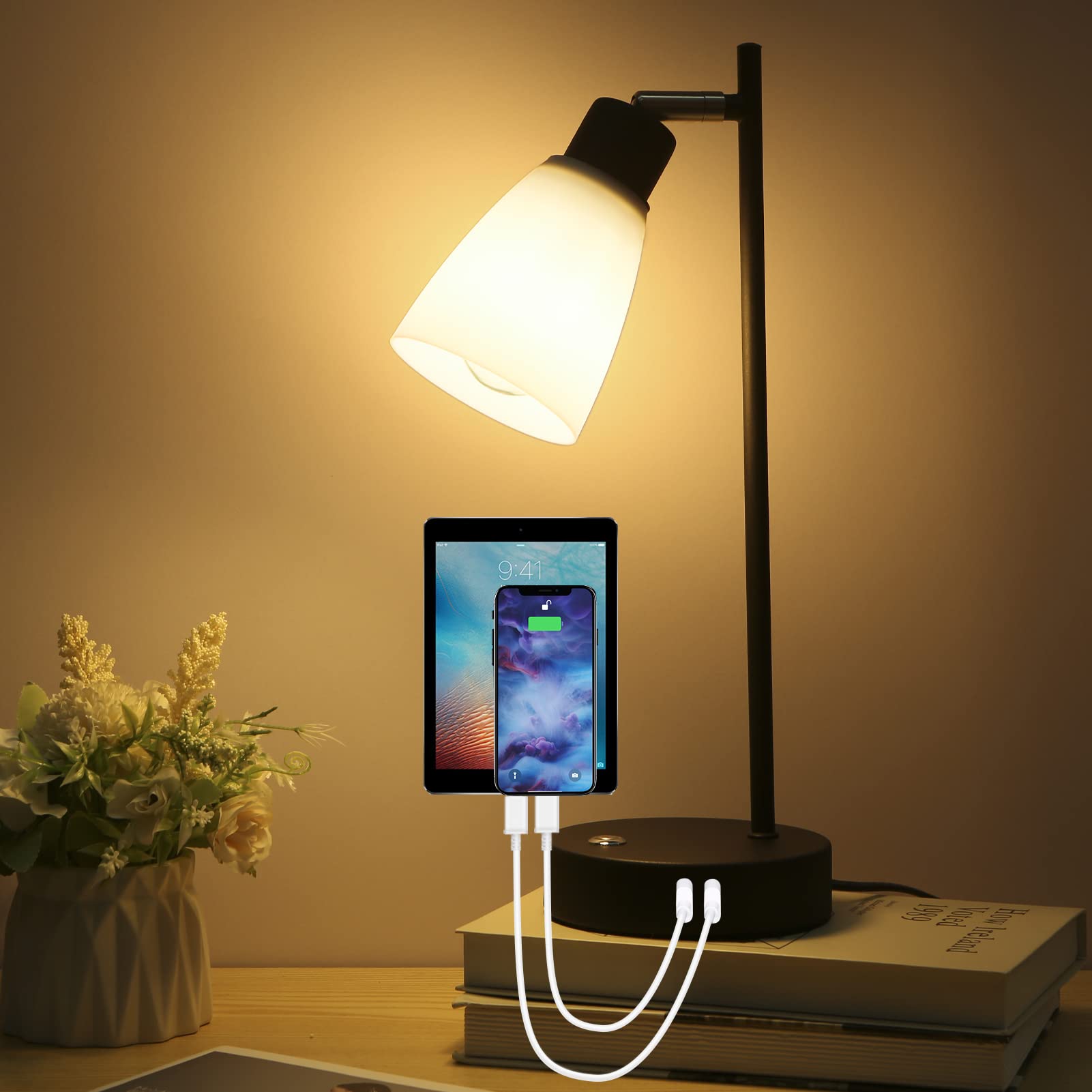 Lixada Table Lamp Beside Light 1 Type C 1 USB Charging Port Stepless Dimmable Brightness Adjustable Sensitive Light Control with LEDs Bulb for Bedroom Living Room