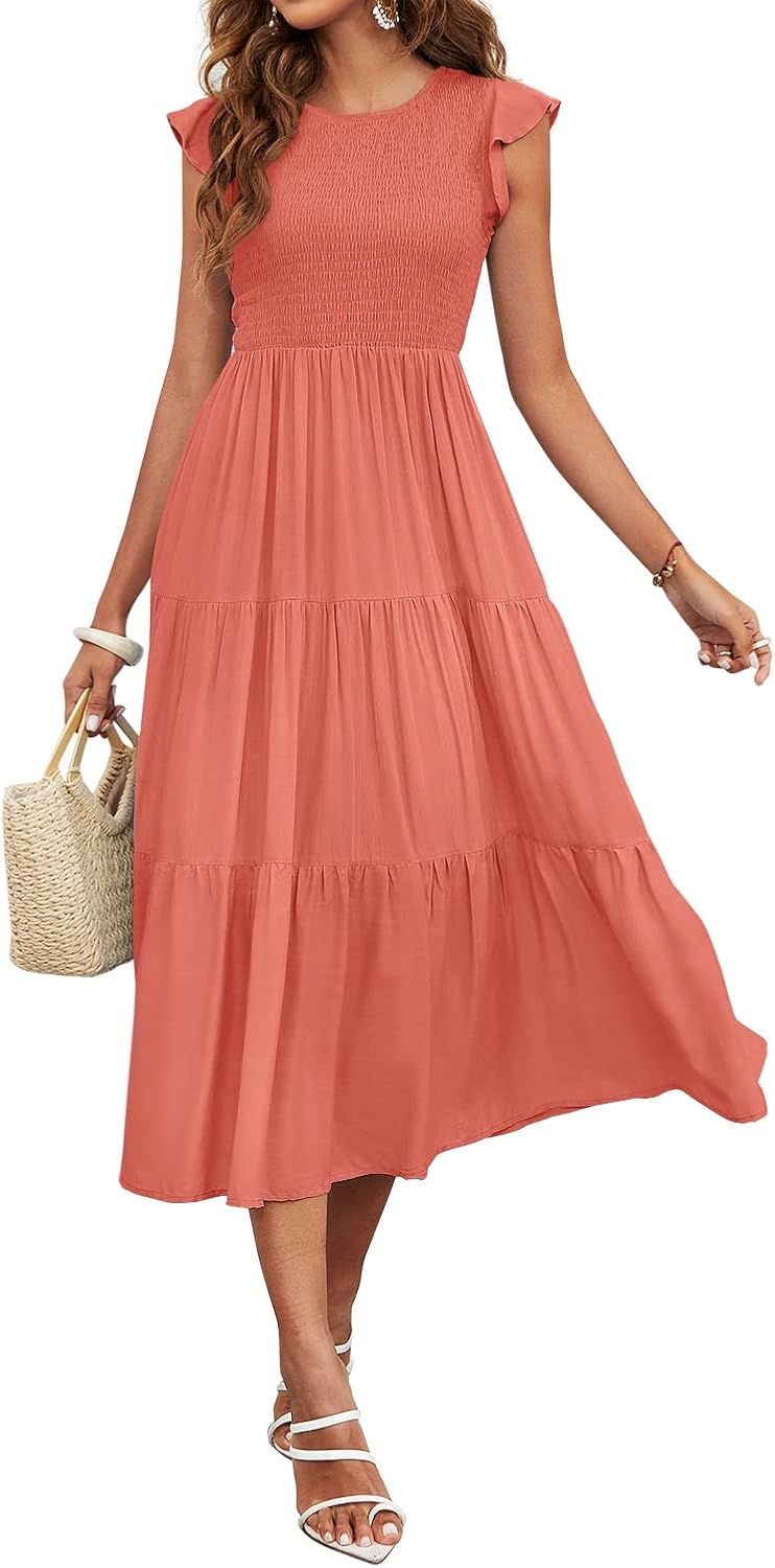 Yanekop Women Ruffle Cap Sleeves Midi Dress Smocked Tiered Boho Beach Dress Flowy Pleated Dress Small 04 Burnt Orange