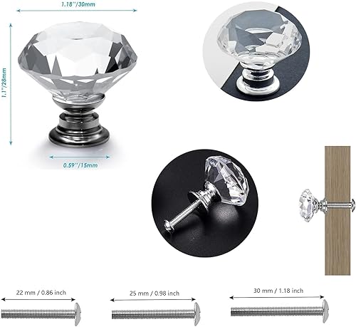 Miniatura 2 de 6 pomos de cristal de 1.18 pulgadas (1.181 in) con forma de diamante para armario, armario, aparador en baño, cocina, oficina, etc.