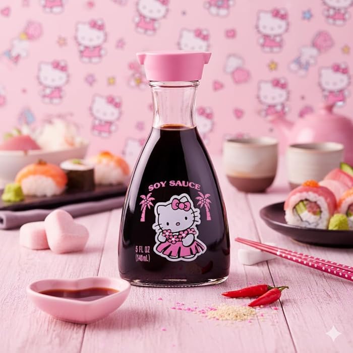 [Product of Japan] Kawaii Bow Kitty Soy Sauce Dispenser – Cute Japanese Glass Bottle with Pink Cap, 5 fl oz (148 mL) | Reusable Kitchen Seasoning Container
