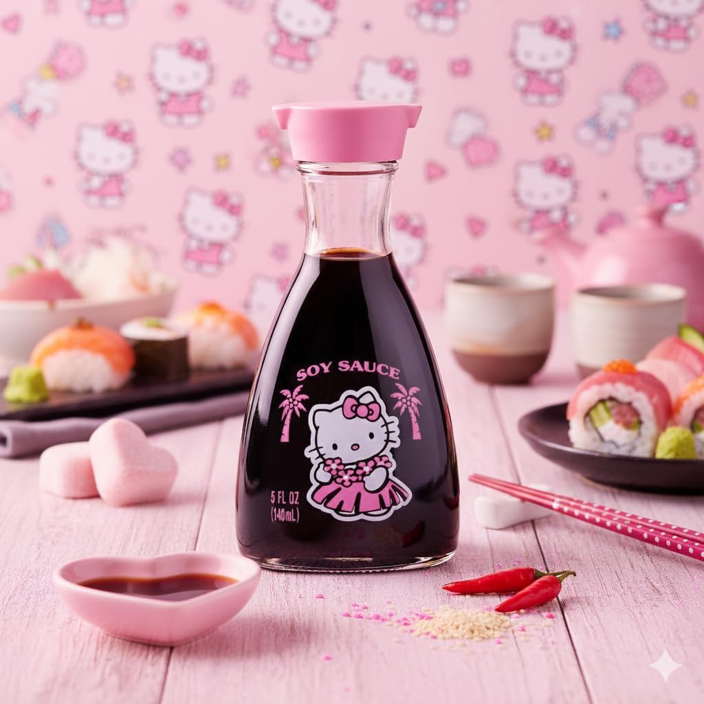 [Made in Japan] LIMITED EDITION 2025 Kawaii Bow Kitty Soy Sauce Bottle with Pink Cap –, Includes Premium Soy Sauce, 5 fl oz (148 mL) | Reusable Cute Glass Dispenser