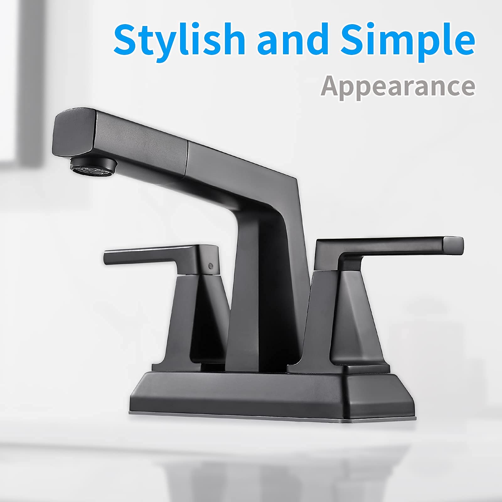 HANLIAN 2 Handle Bathroom Sink Faucet 3 Hole with Pull Out Sprayer, Matte Black, 4 Inch Centerset Bathroom Faucet with Retractable Hose, Hot and Cold Water Mixing Faucet