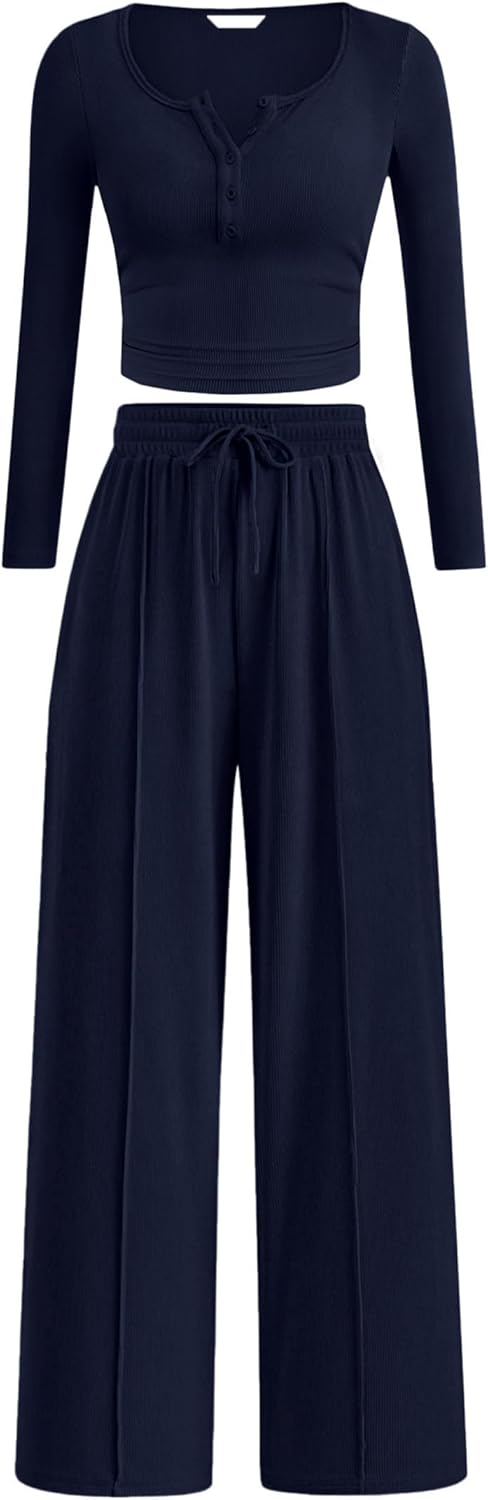 PRETTYGARDEN Women's 2025 Fall Trendy 2 Piece Outfits Lounge Sets Long Sleeve Top Henley Shirts Wide Leg Pants Travel Clothes