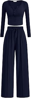 Women's 2026 Fall Trendy 2 Piece Outfits Lounge Sets Long Sleeve Top Henley Shirts Wide Leg Pants Travel Clothes