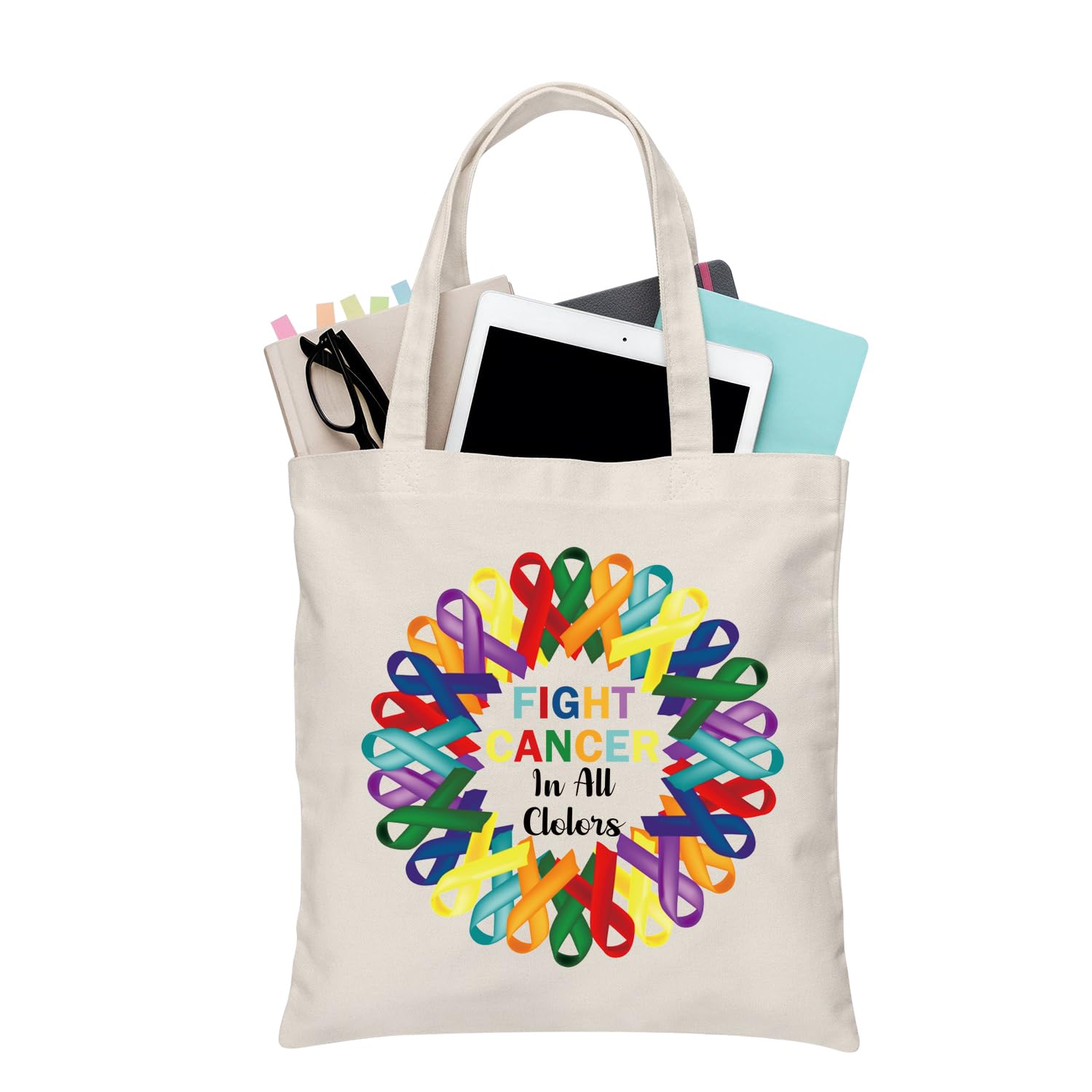 BDWPSS Cancer Awareness Gift Cancer Fighter Gift Fight Cancer In Colors Tote Bag Cancer Support Gift Hope Ribbon Gift