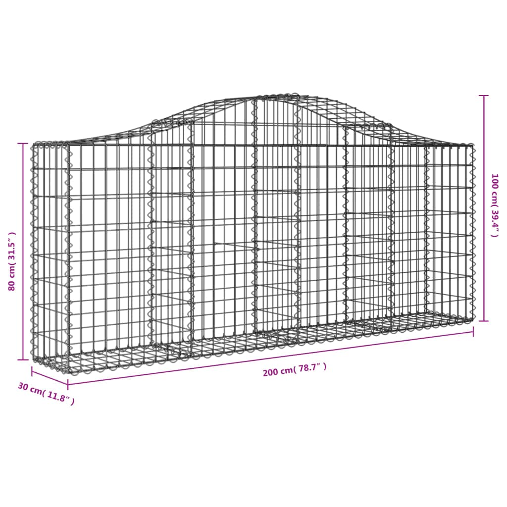 2 gaviones con arco alto, 200 x 30 x 80/100 cm, hierro galvanizado para barreras de jardín y protección de la privacidad, paredes decorativas insonorizantes de acero resistente a la corrosión