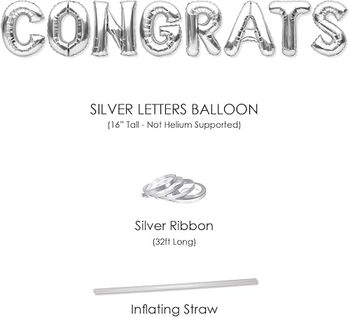 Miniatura 2 de PartyForever Cartel de globo de felicitaciones de plata grande de 16 pulgadas para decoraciones y suministros de fiesta de graduación