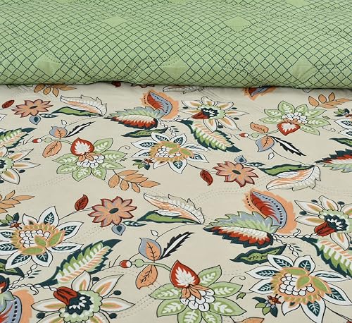 Image of IVAZA Luxury Ultrasonic Punch AC Comforter Blanket - Quilted Microfiber Floral Pattern, Lightweight Breathable All‑Season Blanket for Bedroom, Travel (Singled Bed,228x152 CM) (Green Cream)