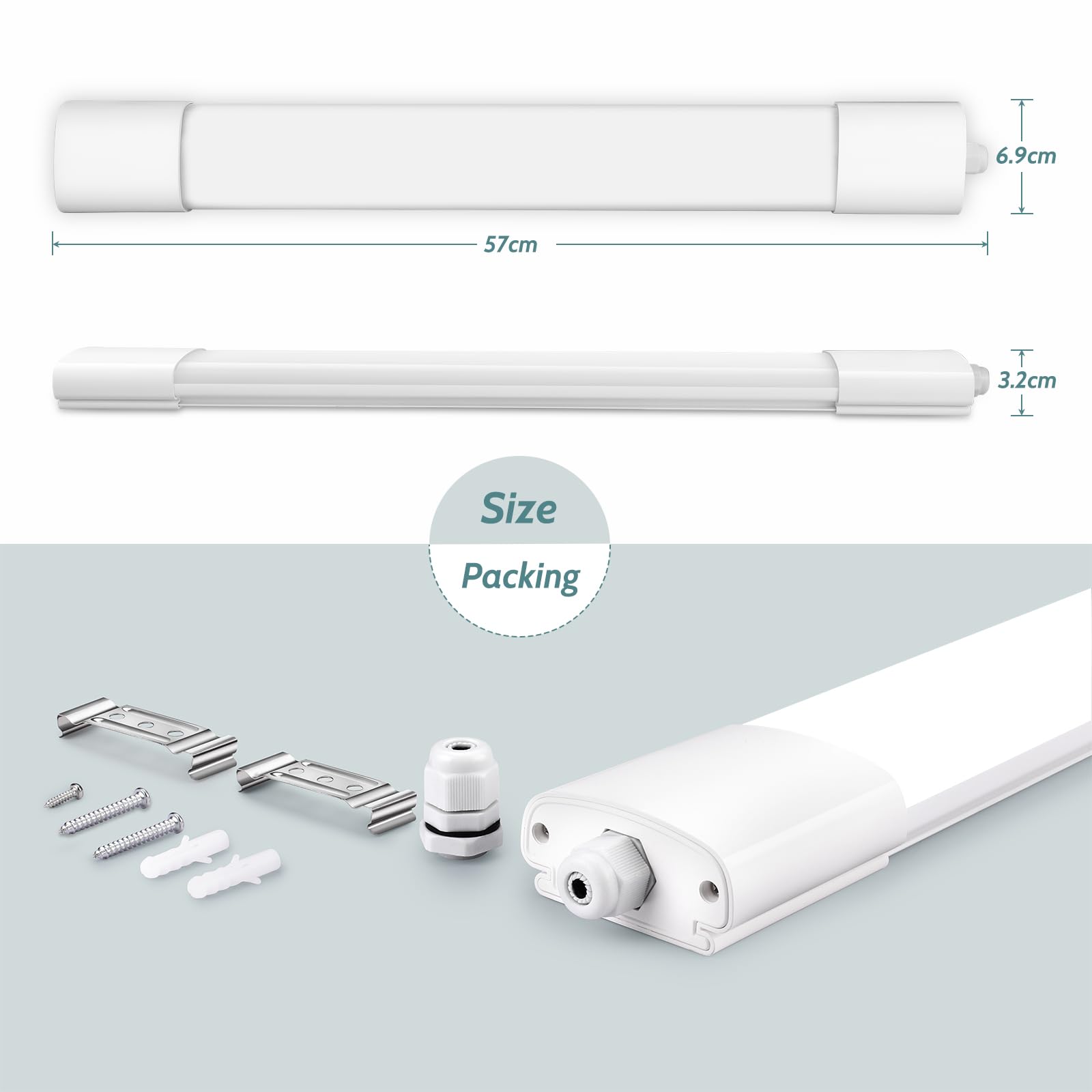 Plafonnier LED pour pièces humides 60 cm IEGLED 20 W 2200 lm 4000 K blanc neutre Plafonnier d'atelier avec IP65 étanche Tube néon blanc comme lampe de salon, lampe de cuisine, lampe de cave, lampe de
