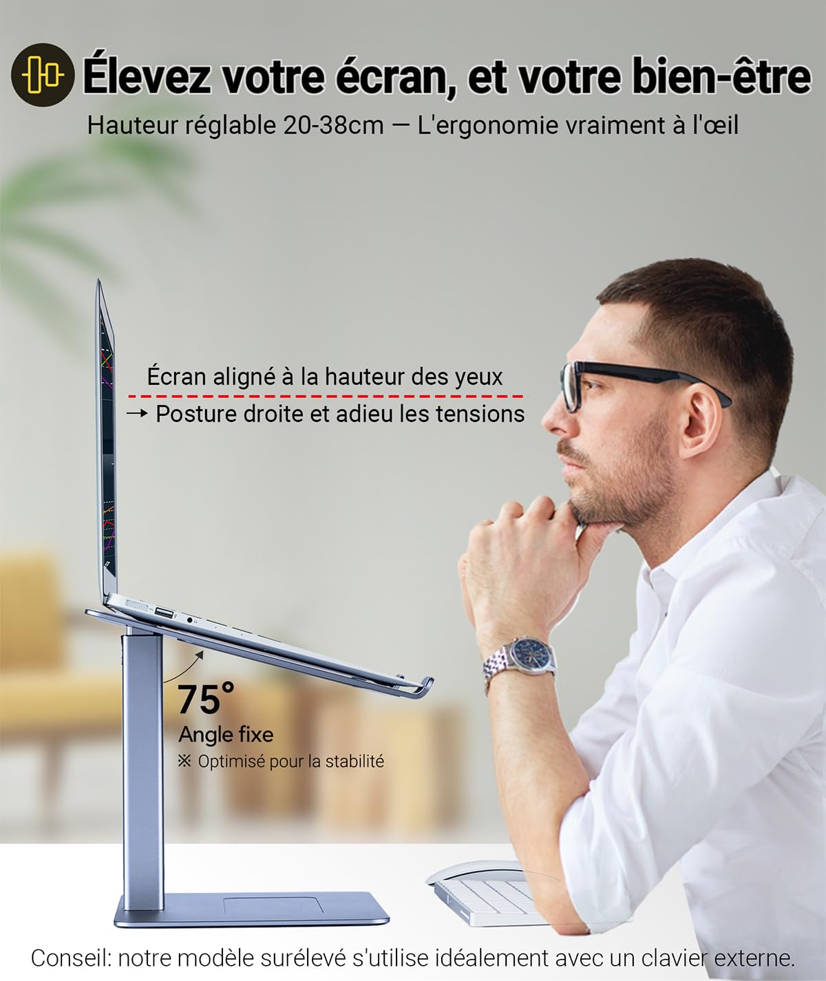 Support PC Portable Assis Debout Ergonomique - 16 Niveaux Hauteur pour DJ, Télétravail, Visioconférence - Compatible Ordinateurs 13-16 Pouces, Gris