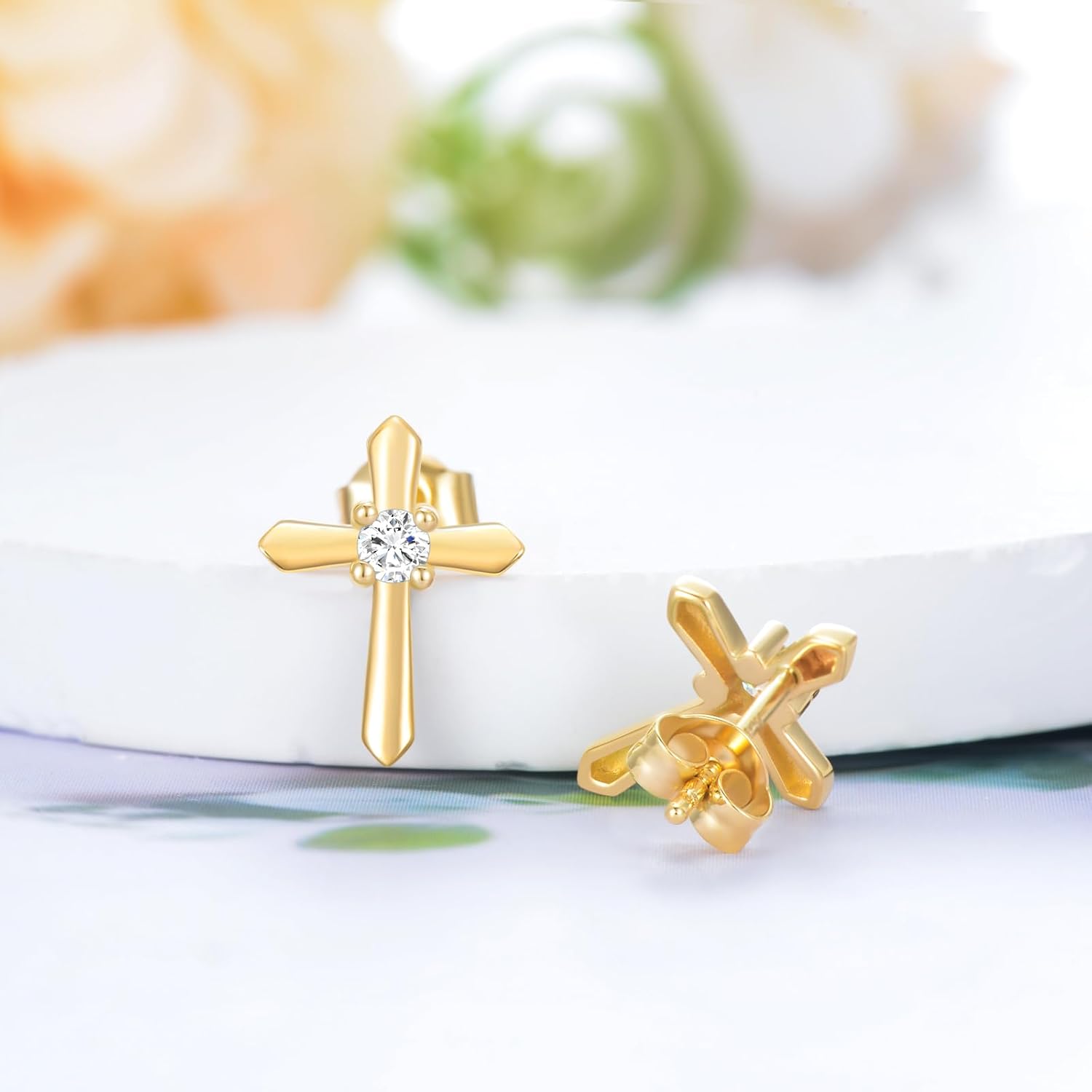 10k Gold Created Moissanite Cross Earrings for Women, Real 10 Carat Gold Religious Stud Earrings