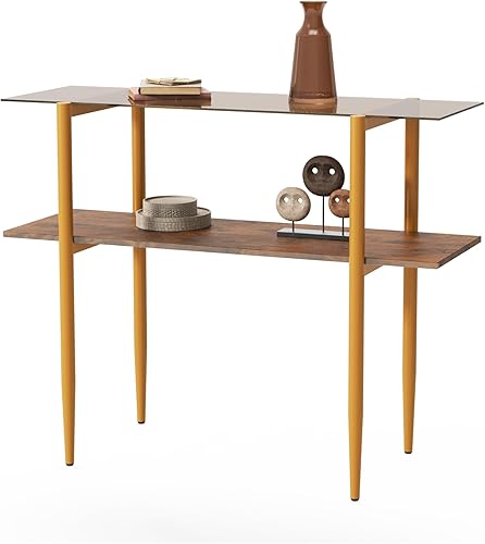 Miniatura 9 de Mesa de sofá de cristal, mesa de entrada moderna de mediados de siglo con vidrio templado y patas doradas, mesa de 2 niveles detrás del sofá para