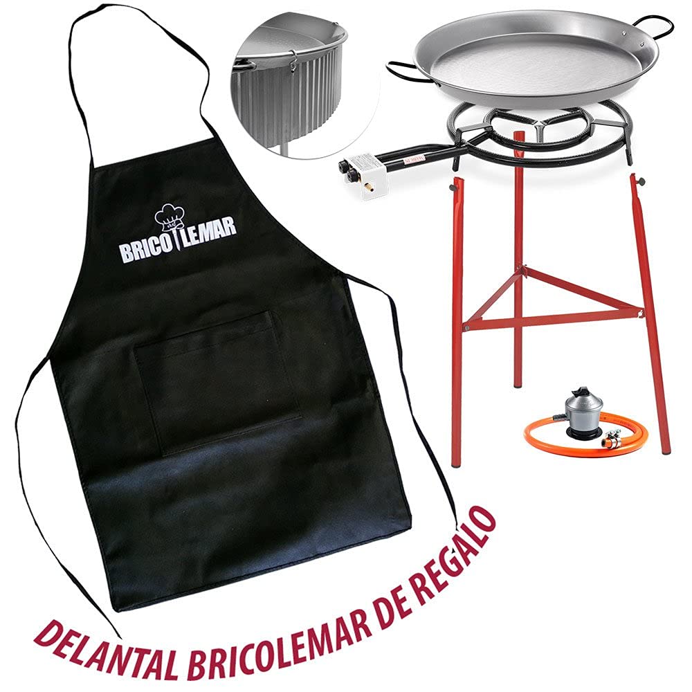 Set Paellero 500 mm + Kit Paravento (Paellera 60 cm, Gambe Rinforzate, Regolatore di gas, Tubo Omologato, Grembiule Nero in Regalo)
