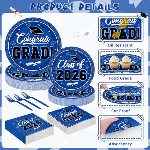 Image of 200Pcs Graduation Decorations 2026, Blue Graduation Plates and Napkins Party Supplies for 50 Guests, Disposable Grad Plates, Napkins, Dessert Plates and Forks for Grad Decor Wedding Birthday Supplies