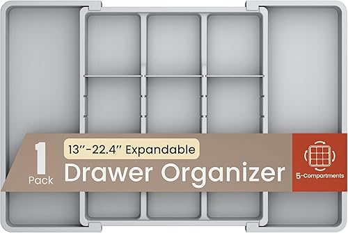 Miniatura 8 de Organizador de cajones de utensilios expandible negro, 1 paquete, ajustable de 13 a 22.4 pulgadas, organizador de cubiertos de 5 compartimentos para