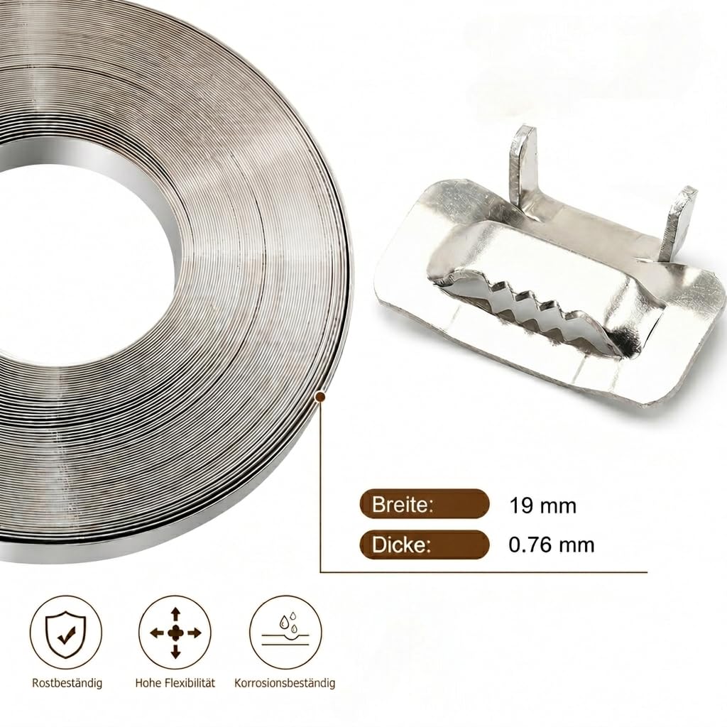 Stahl-Umreifungsset mit Bandspannwerkzeug, 30 m Band 19 x 0,76 mm, 30 Schnallen, Handschuhe, Stahl-Spanner mit Schneidgriff für HLK-Rohre, Kabel, Schilder, Paletten-Montage