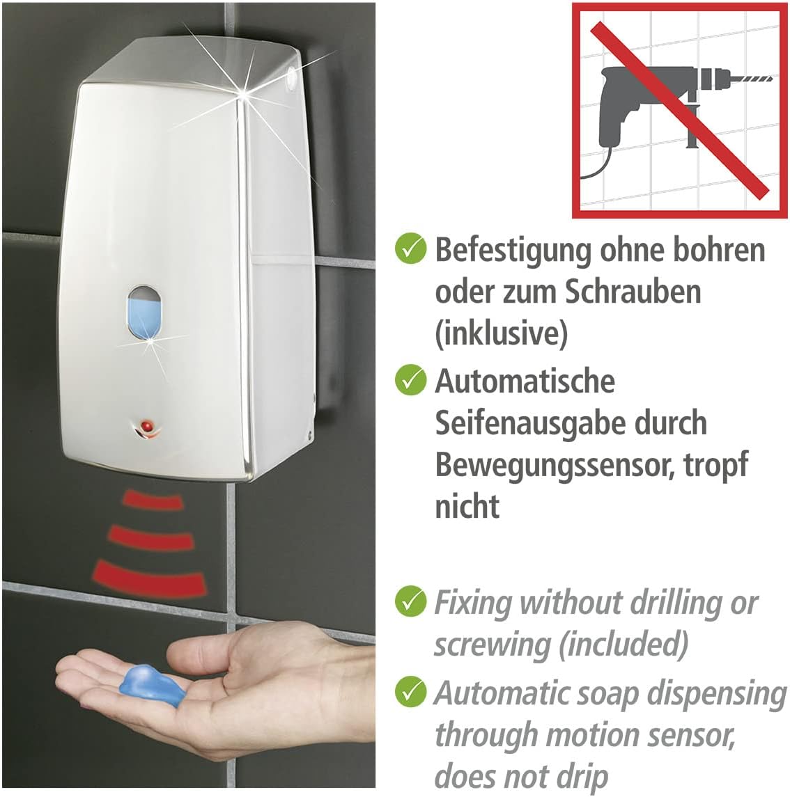 WENKO Infrared Treviso Chrome-Automatic Dispenser for Liquid soap, Silver Shiny, 10.5 x 11 x 22.5 cm