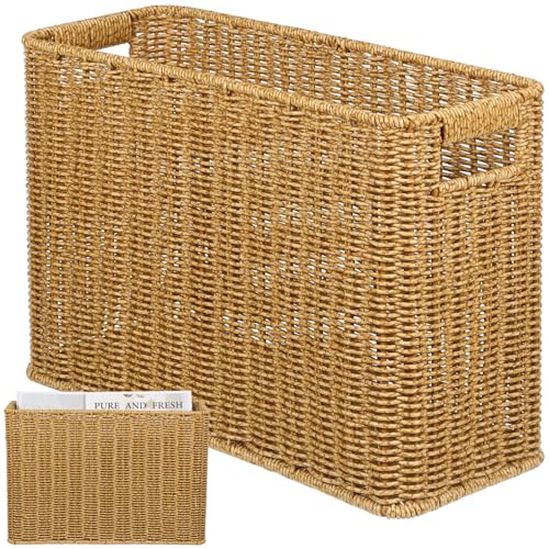 STOBAZA Woven Basket with Handles Magazine Book Storage Basket Bin for Home Office, Handwoven Narrow Basket for Books, Newspaper, File and Mail - 38.00X26.00X15.00CM