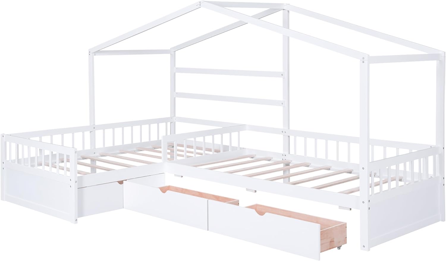Twin Size House Platform Bed with Three Storage Drawers, Wooden Daybed for 2, L -Shaped Double Bedframe with Roof&Fence, for Kids Teens Bedroom, White L shaped Platform bed w/Drawer- Twin Size White