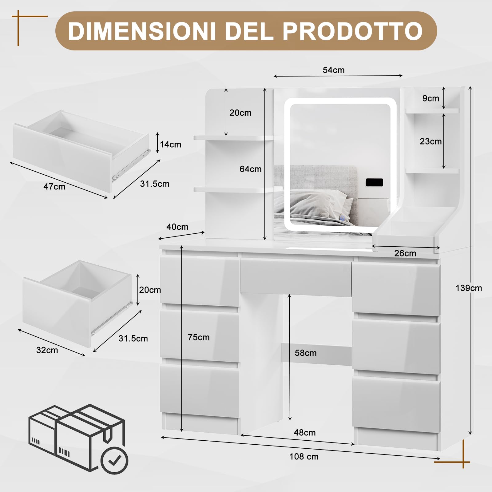 TRIUMPHKEY Toeletta da Trucco con Luci LED,Postazione Trucco,Toletta con Specchio,Tavolo da Trucco on 4 Ripiani,7 Cassetti e 3 Scomparti Aperti,Moderna (Bianco Lucido)