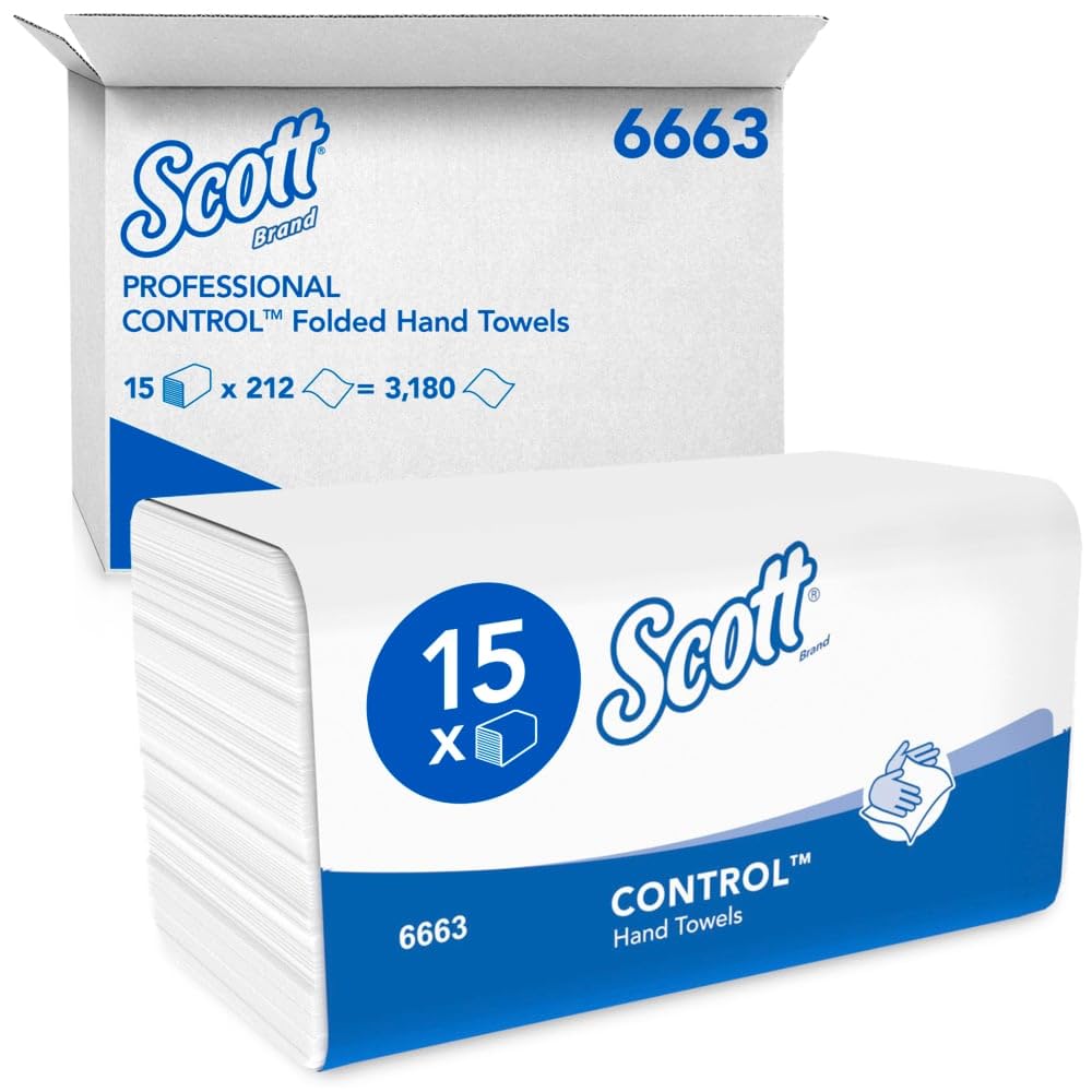 Scott Control 6663 Essuie-Mains en Papier 3 Épaisseurs, Pliés en V, Blancs – Ultra-Doux, Certifiés FSC & Écolabel, pour Hygiène Professionnelle – 15 Paquets x 212 Feuilles (3 180 au Total)