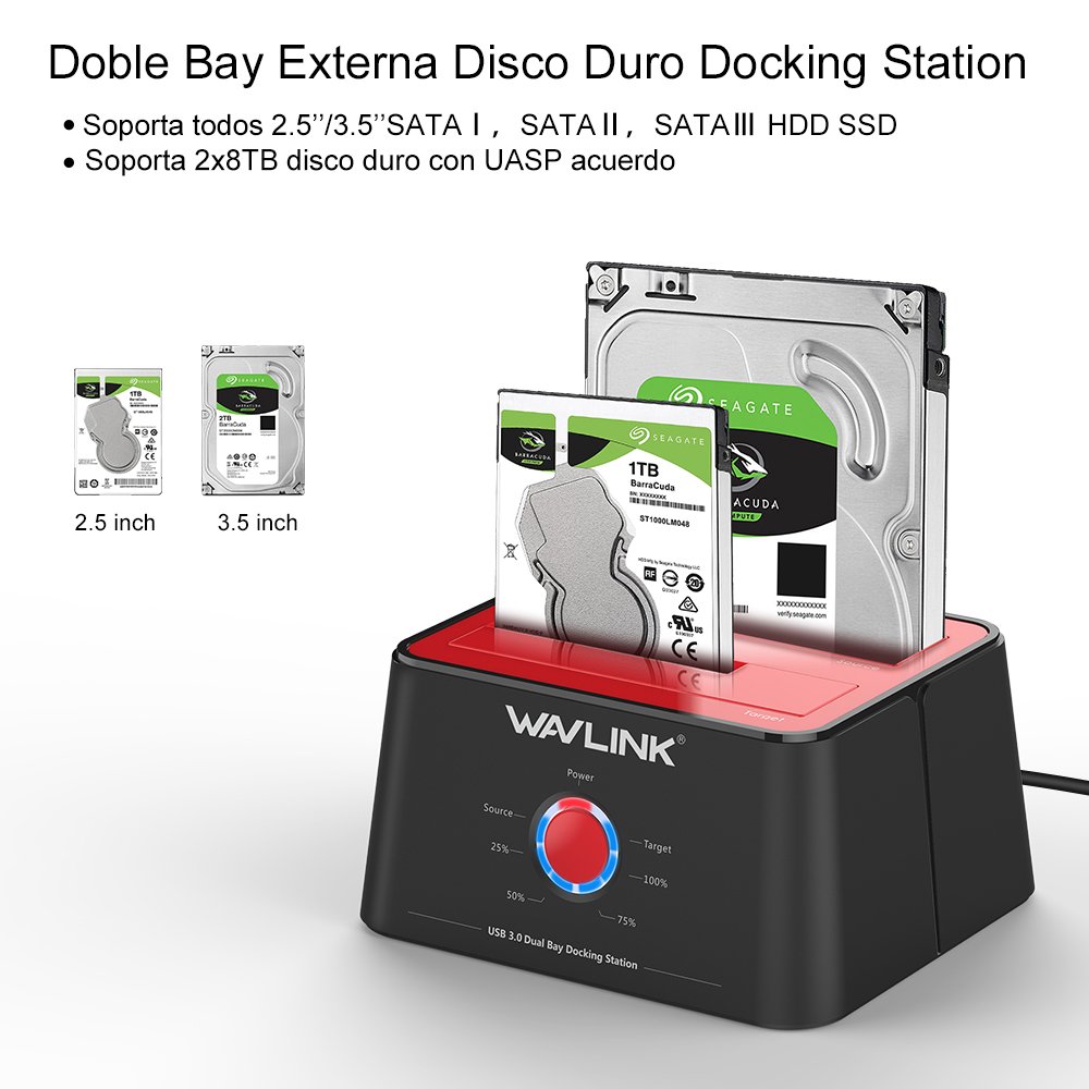 WAVLINK Base de Conexión Docking Station USB 3.0 a SATA Disco Duro Externo 2 Bahias, con Función de Offline Clon/Copia/UASP, para 2.5/3.5" HDD/SSD Soporta 2 x 16 TB