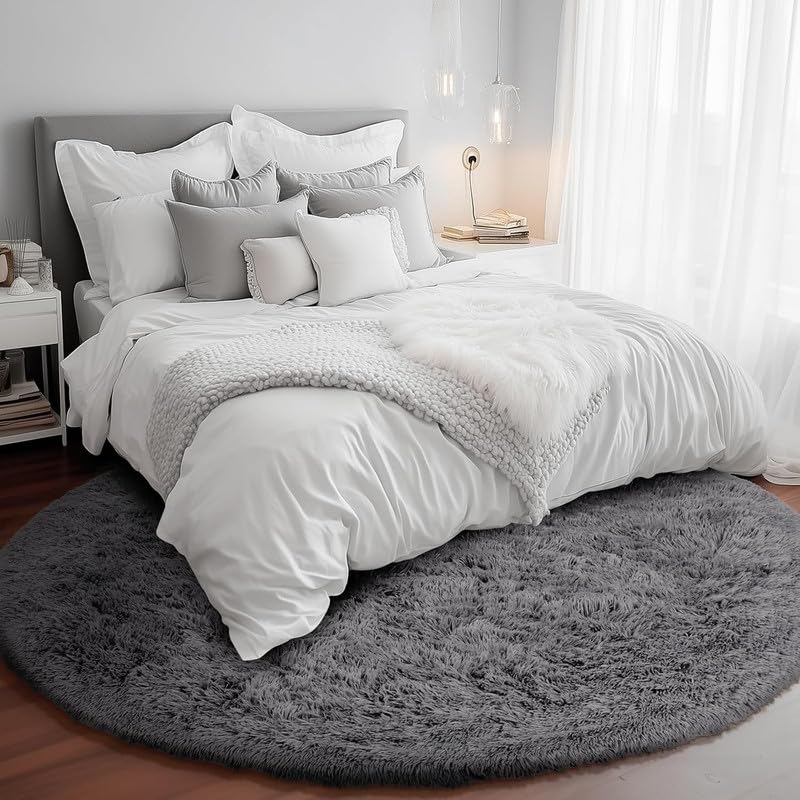Image of Round Soft Shaggy Carpet Plain Fur Rugs for Room Decor, Under Sofa 4x4 Feet Darkgrey
