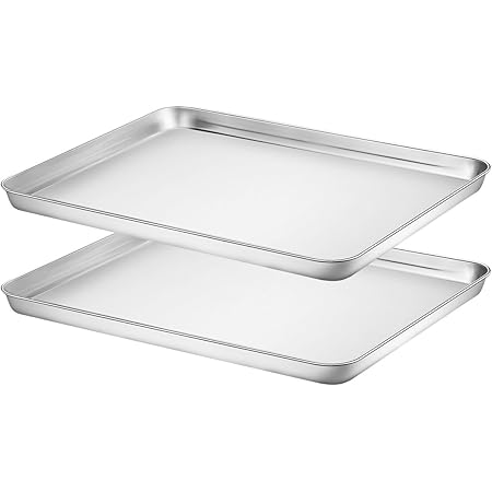 Baking Sheet Set of 2, HKJ Chef Stainless Steel Cookie Sheet Set 2 Pieces Toaster Oven Tray Pan Non Toxic,Healthy Easy Clean…