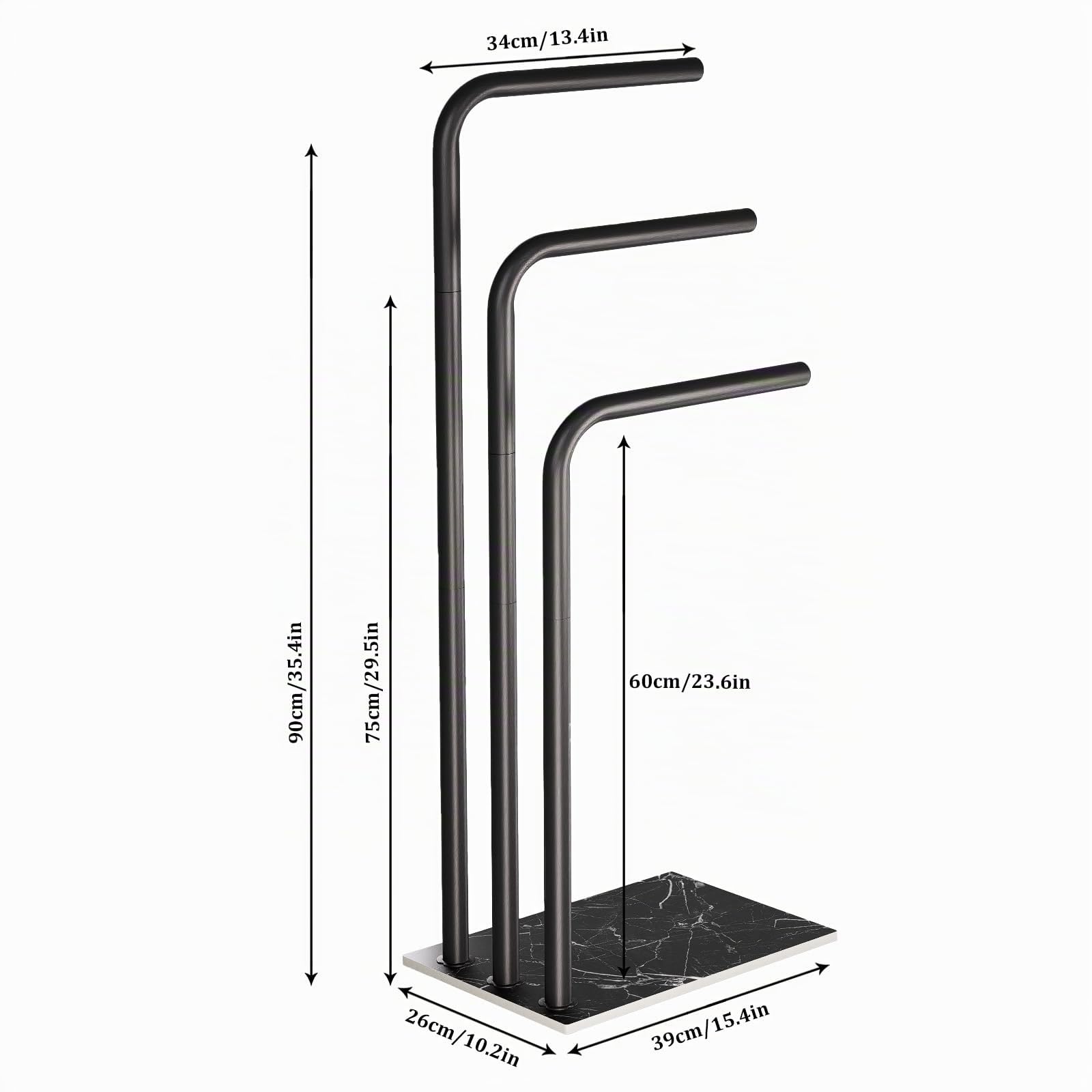 Yawinhe Porte Serviette sur Pied, avec 3 Barres, Support Salle de Bain en Acier Inoxydable, pour Vêtements, 39x26x90cm, Noir, SMJ001B
