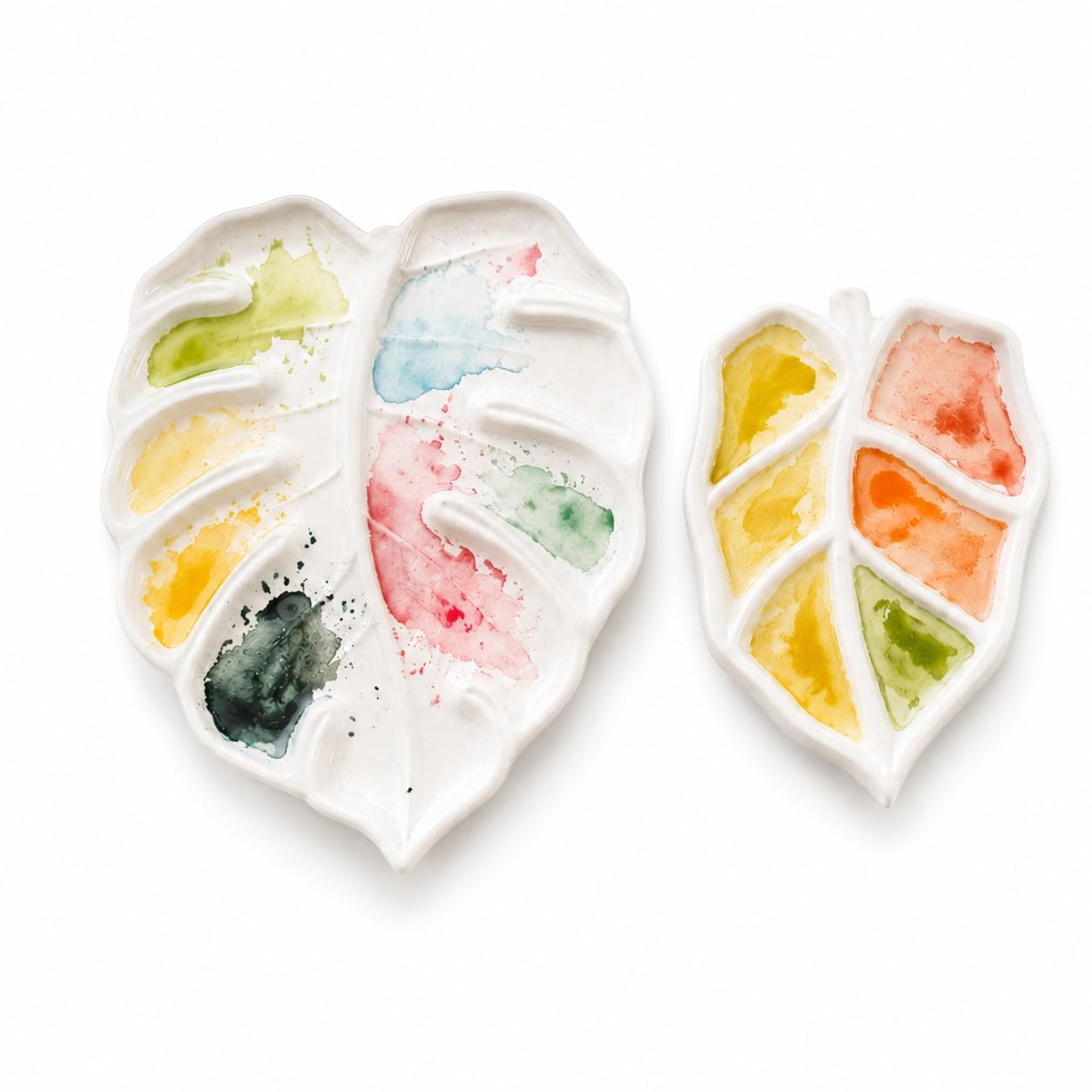 Bower Bird White Ceramic Watercolor Palette,Mini 5.5In Leaf Artist Porcelain Palettes For Painting,For Acrylic,Gouache,Watercolor,Painting,Ceramic Mixing Tray (Leaf Set)