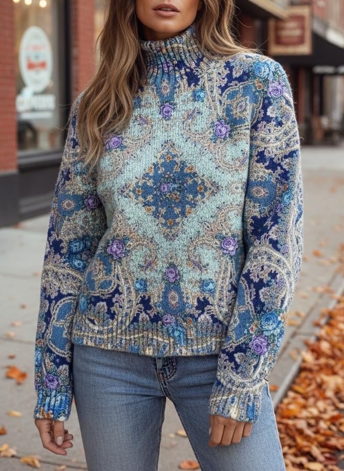 Womens Boho Turtleneck Sweater Long Sleeve Floral Printed Chunky Knit Fall Winter Oversized Pullover Tops - Image 2