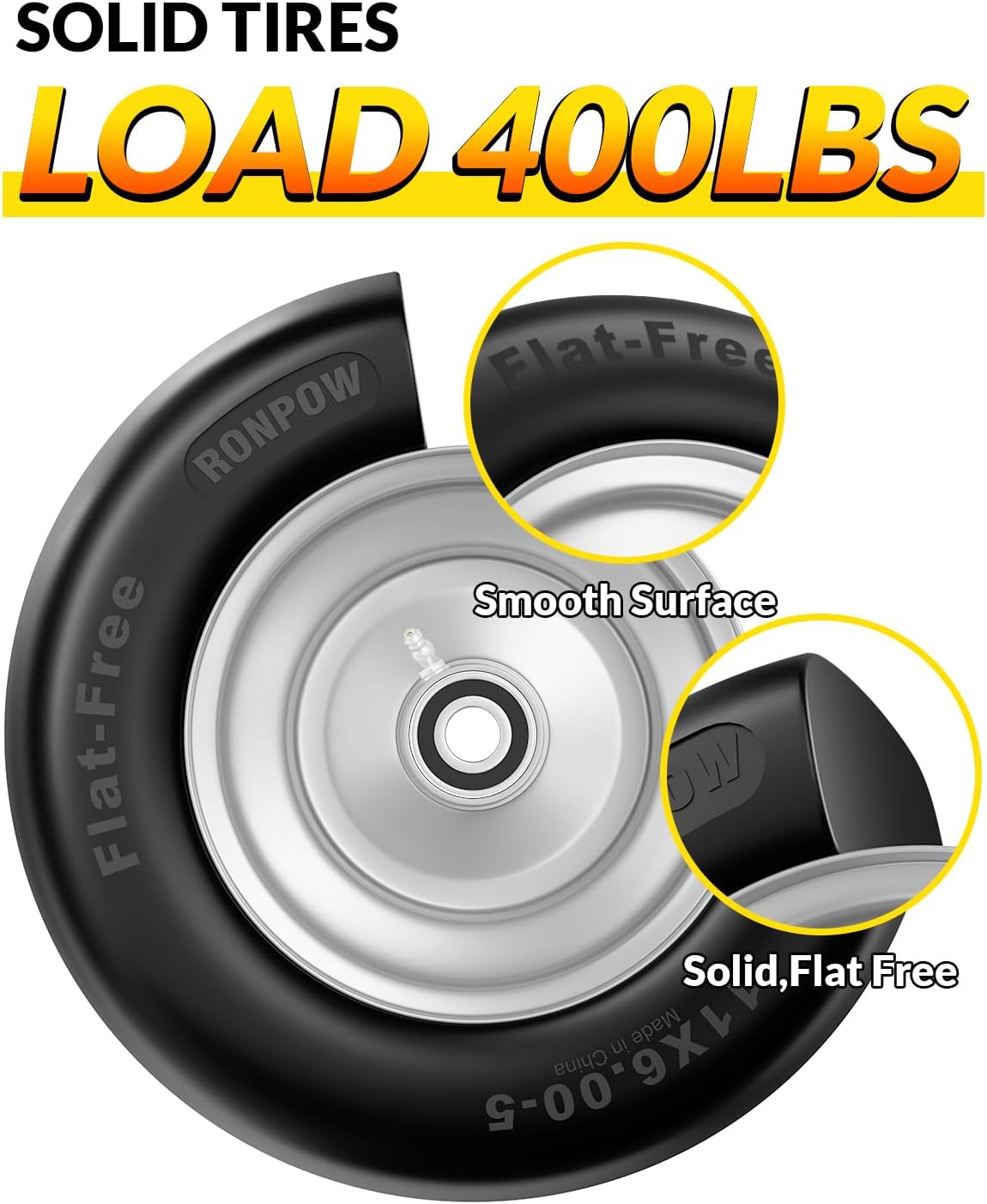 11x6.00-5 Flat Free Lawn Mower Tire and Wheel, 11x6x5 Solid Front Tires for Zero Turn Mower, 400Lbs Load, 3/4", 5/8" and 1/2" Bearings, 5.31"-7.71" Hub for Residential Commercial, 2Pack Gray