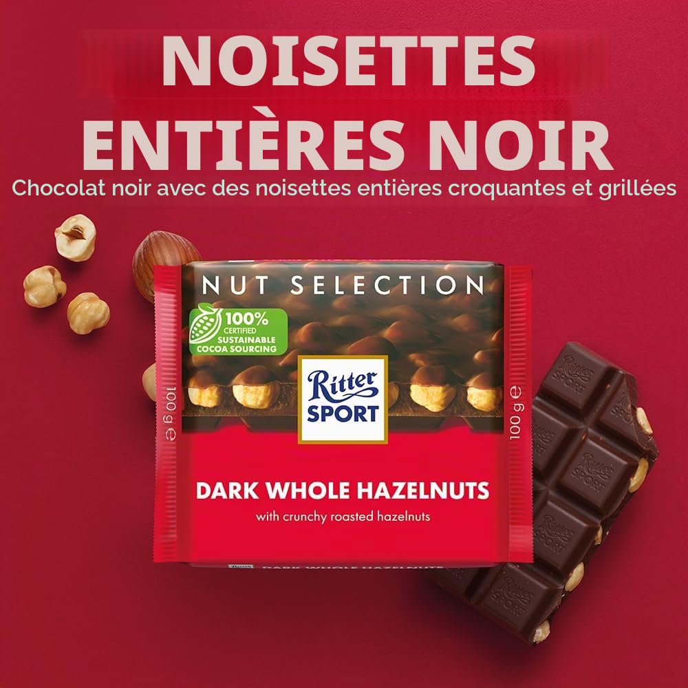 RITTER SPORT- Noir Noisettes Entières- Tablette 100 g, Chocolat Noir -A emporter partout-Boite de 10 tablettes