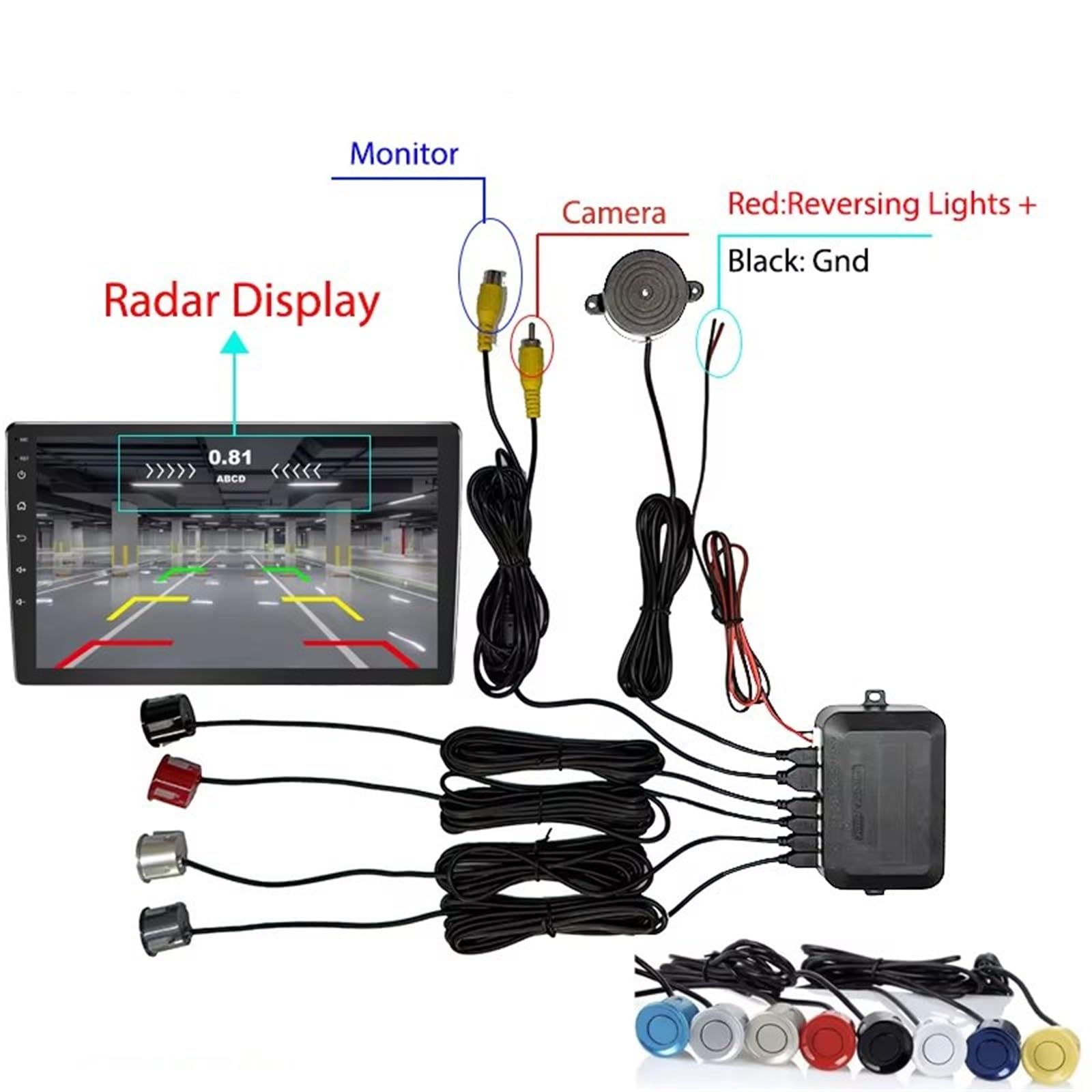 Aparcamiento asistido Sensores De Estacionamiento Con Video Reversa Zumbador Trasero Monitoreo De Radar Monitores Para Punto Ciego Control De Distancia Y Posicionador(BLUE)