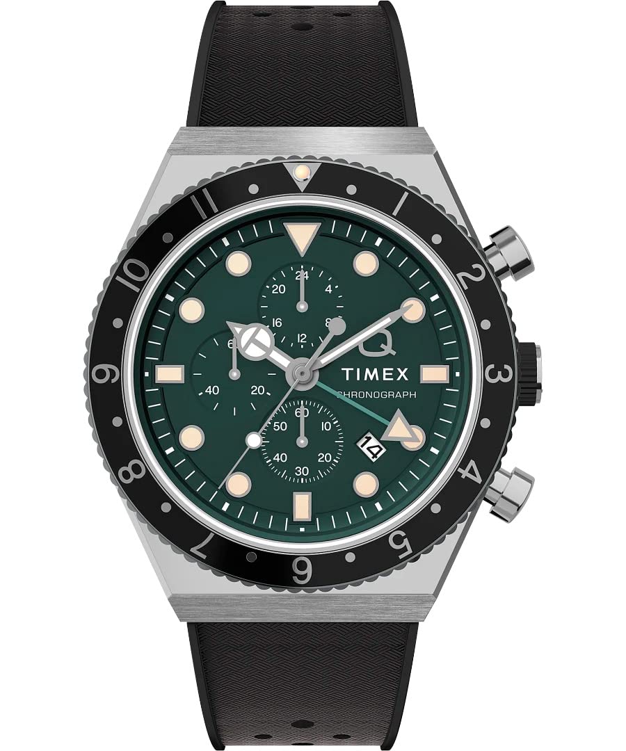 TimexQ Three Time Zone Chronograph 40mm Synthetic Rubber Strap Watch TW2V70200, Black and Green, strap