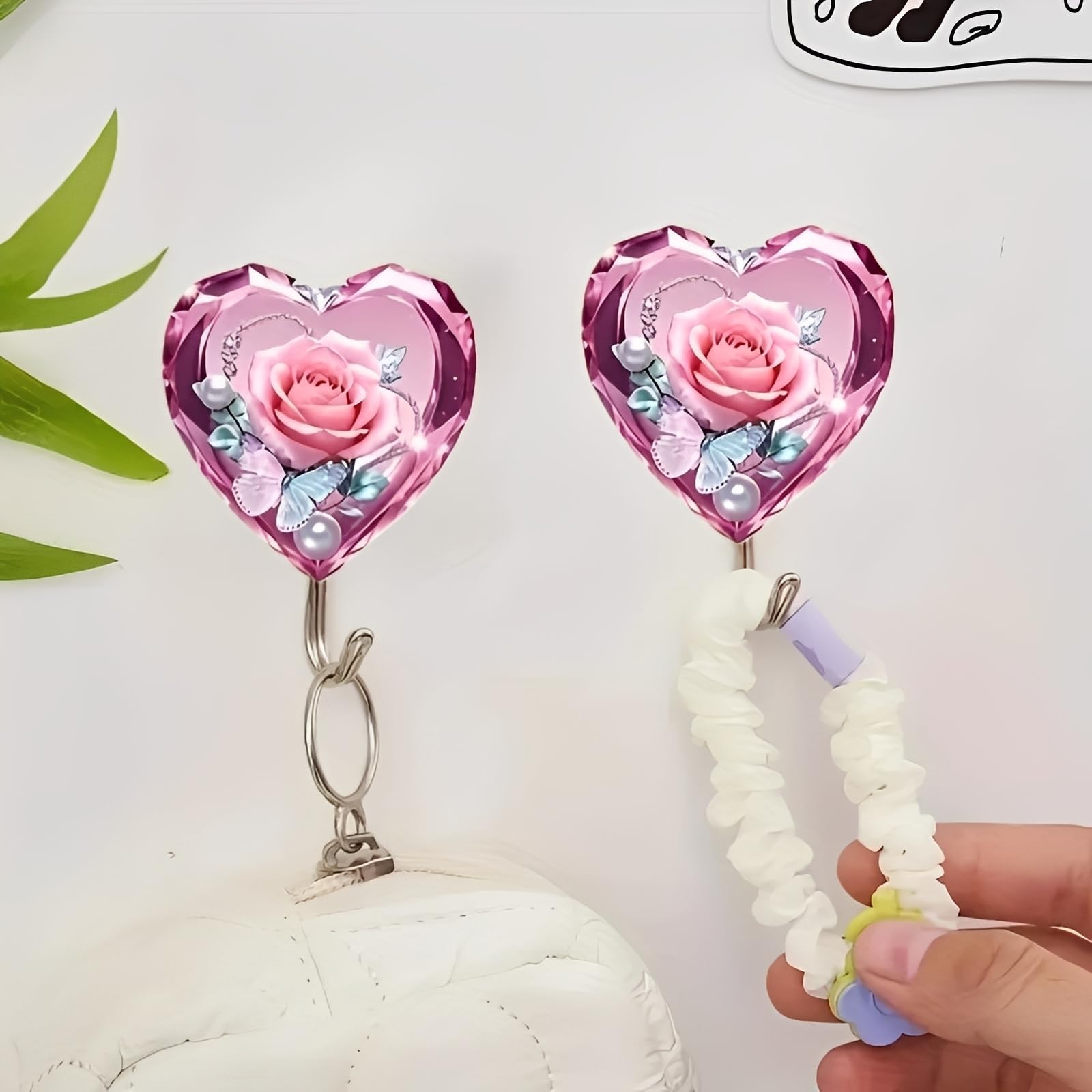 2PCS Pink Heart Rose Acrylic Hooks, Decorative Adhesive Wall Hooks for Bathroom Kitchen Bedroom Door, Cute Hangers for Keys Towels Bags, Ideal Gift