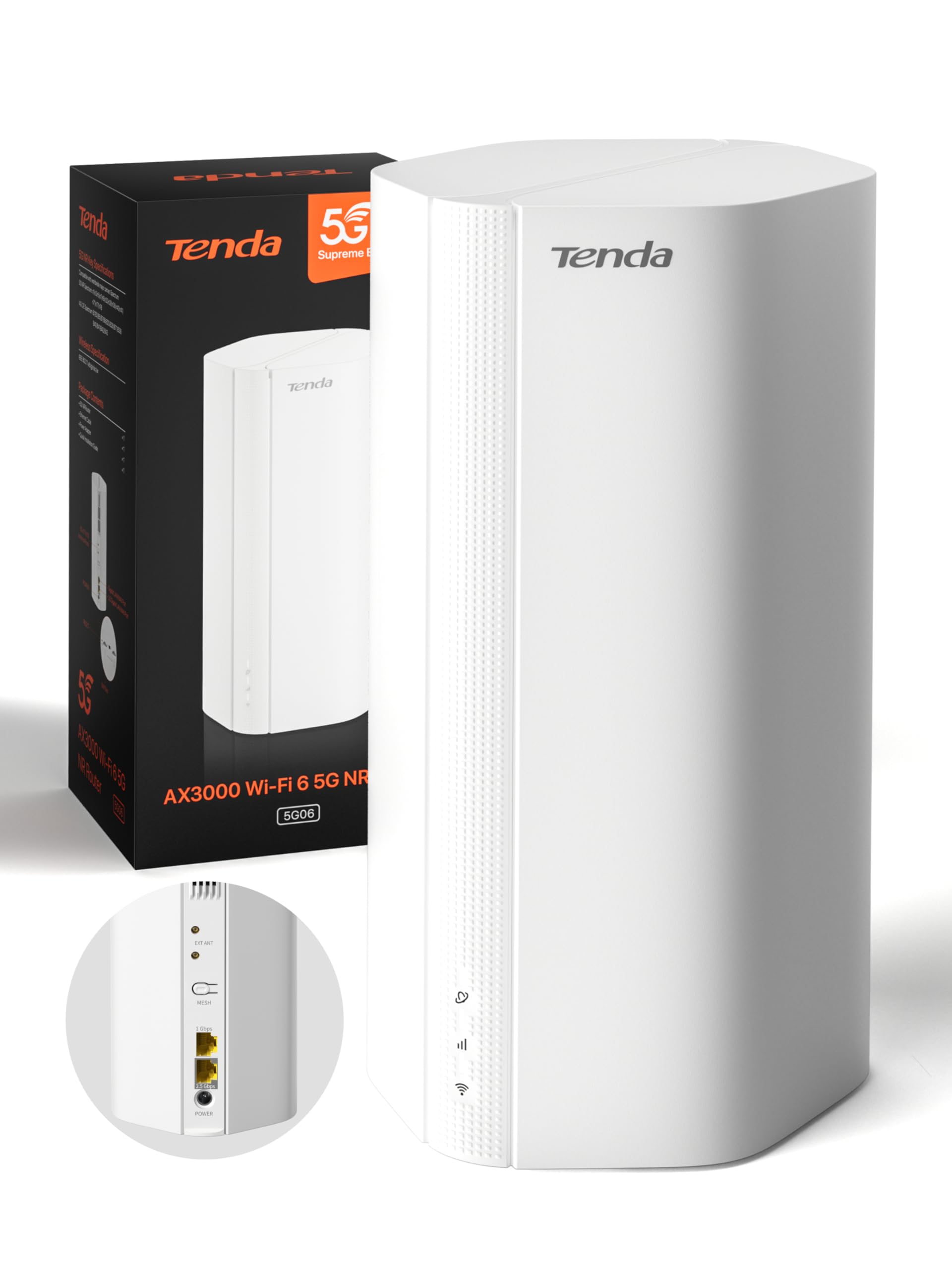 Tenda 5G06 5G Router mit SIM-Karte, Dual-SIM, LTE 5G WLAN Router, AX3000 Dualband Wi-Fi 6, 2,5-Gigabit-Port, bis zu 4,67 Gbit/s für Zuhause/Büro/Wohnmobil, Mesh WiFi+, WPA3, Plug-and-Play