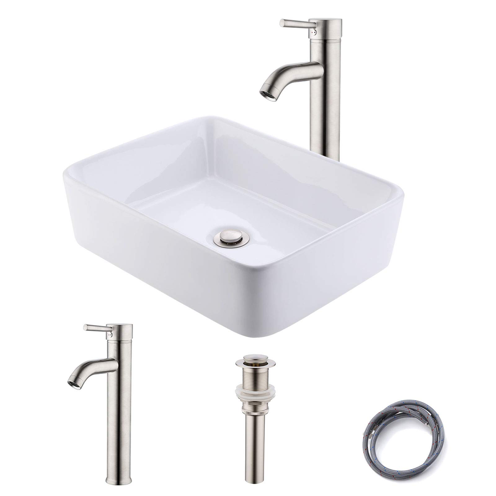 KES Bathroom Vessel Sink with Faucet Combo 19"×14.6" Rectangular Vessel Sink with Faucet Above Counter Vessel Sink, Brushed Nickel Faucet Matching Metal Pop Up Drain, BVS110-C2
