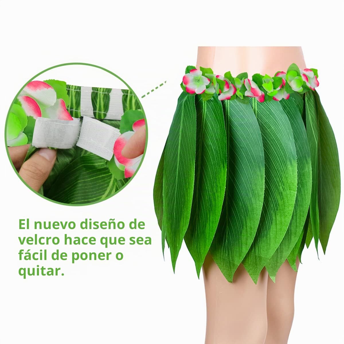 Falda hula de hojas con falda de hierba hawaiana Leis y flores artificiales de hibisco para playa, fiesta hawaiana Luau Tiki (color 8)
