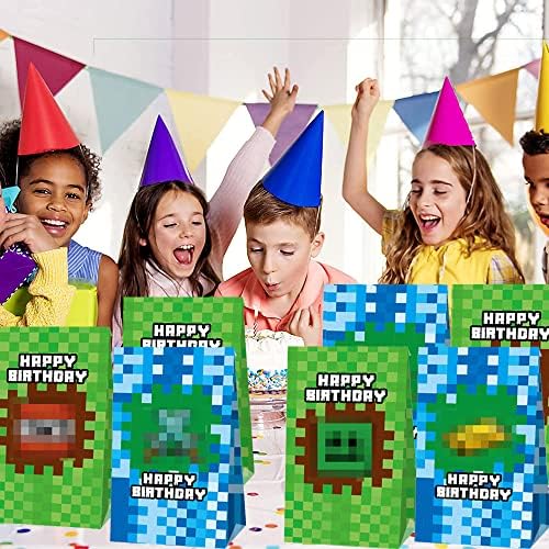 12 PCS Miner Gamer Party Gift Bags for Miner Gamer theme Party Supplies with 12 Pieces Stickers, Birthday Party Decorations - Party Favor Goody Treat Candy Bags