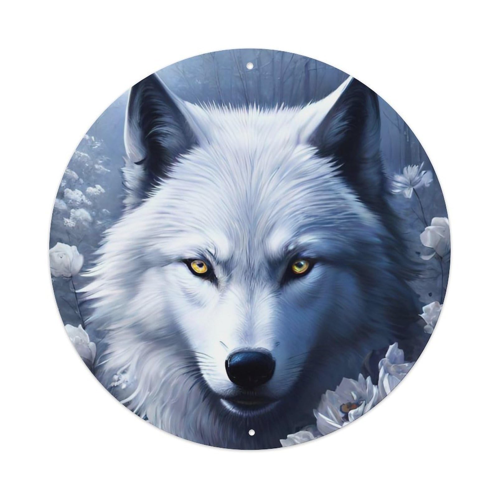 Animal Artwork White Wolf Among Flowers Vintage Metal Tin Sign Plaque Wall Decor for Cafe, Club Bar, Office, Garden Metal Poster 8x8Inch