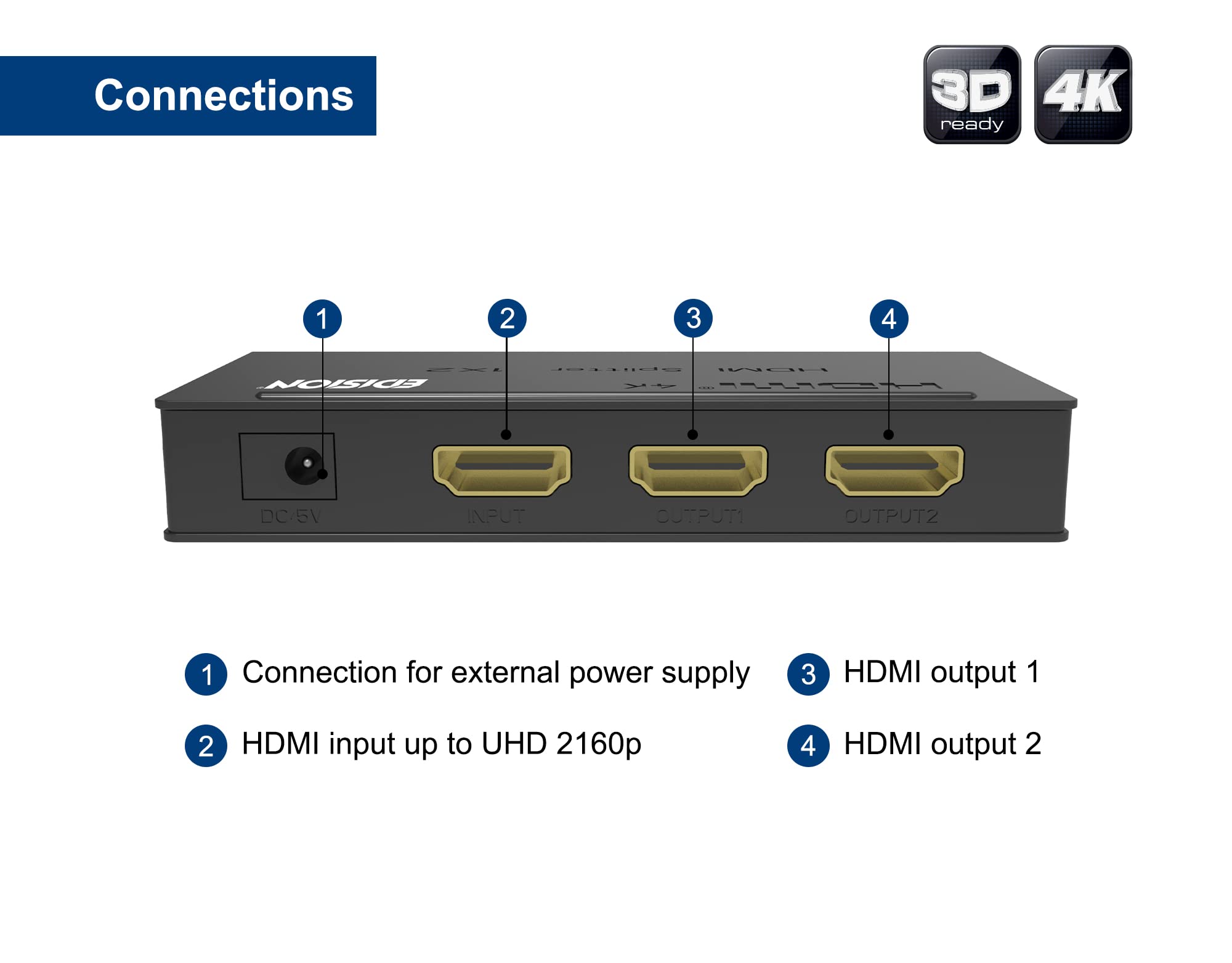 Edision 4 K HDMI Splitter 1 X 2 distributore Ultra HD 2160p Full HD 1080P HDCP e CEC 3d Ready